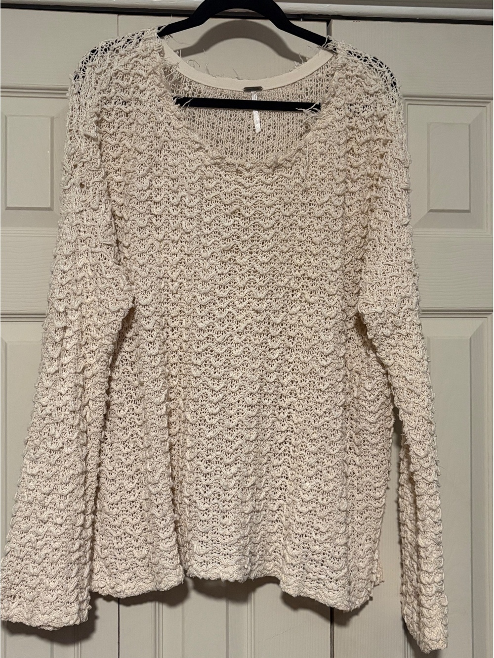 Free People Open Knit Sweater Womens L Cream Crochet Fisherman Coastal Boho